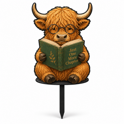 Highland Cow Reading Garden Stake