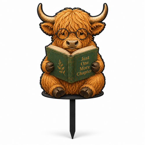 Highland Cow Reading Garden Stake