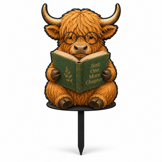 Highland Cow Reading Garden Stake