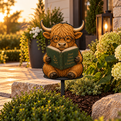 Highland Cow Reading Garden Stake