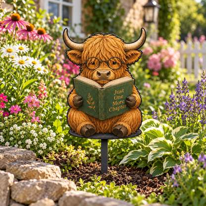 Highland Cow Reading Garden Stake