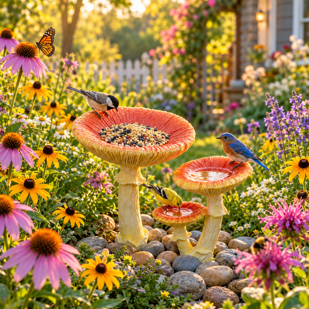 Whimsical Mushroom Bird Feeder & Garden Decor