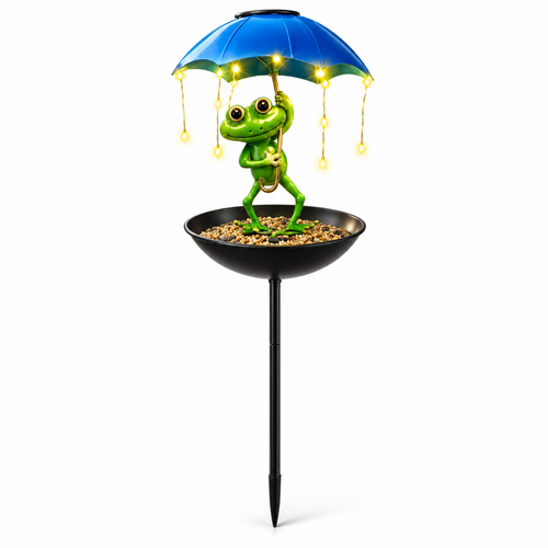 Solar Frog Umbrella Bird Feeder Garden Stake Light