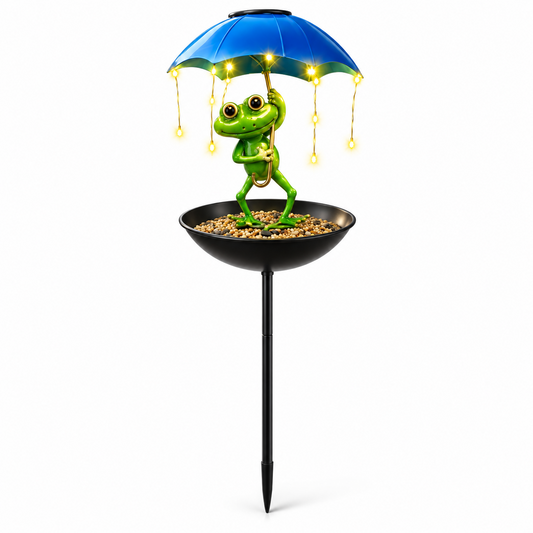 Solar Frog Umbrella Bird Feeder Garden Stake Light