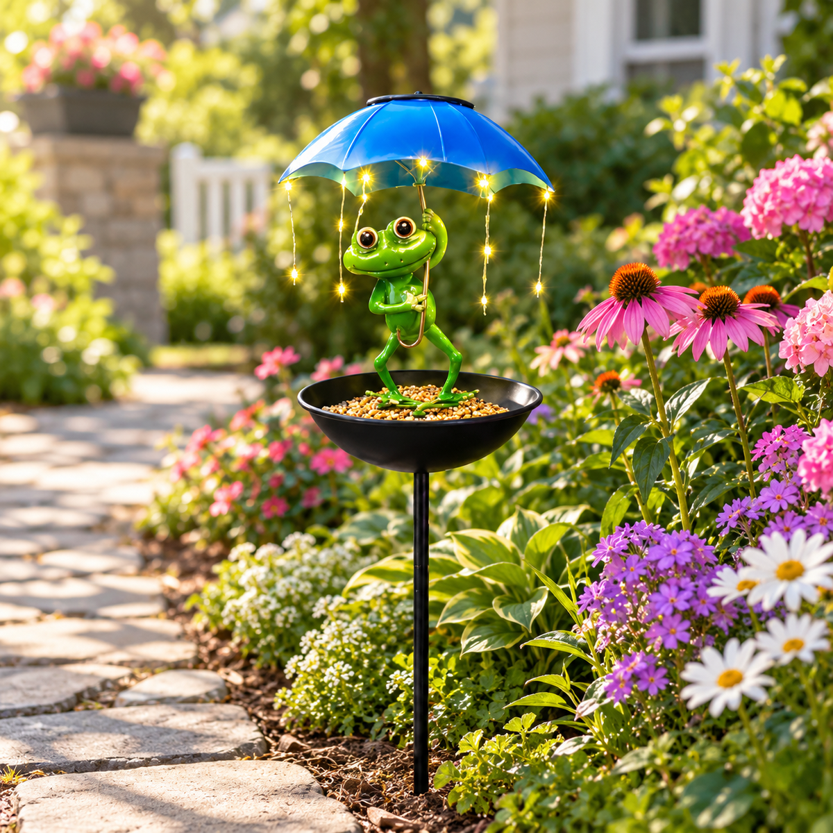 Solar Frog Umbrella Bird Feeder Garden Stake Light