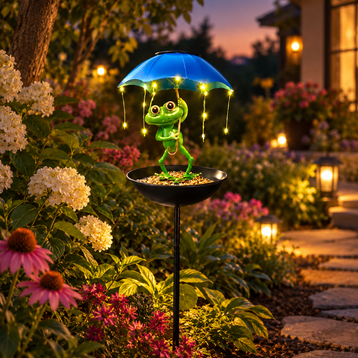 Solar Frog Umbrella Bird Feeder Garden Stake Light